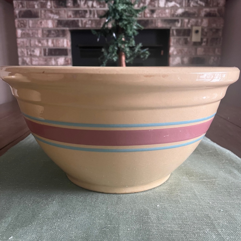 Vintage Antique YellowWare Pink Blue Stripes 12" Mixing Bowl Watt Brand Ovenware